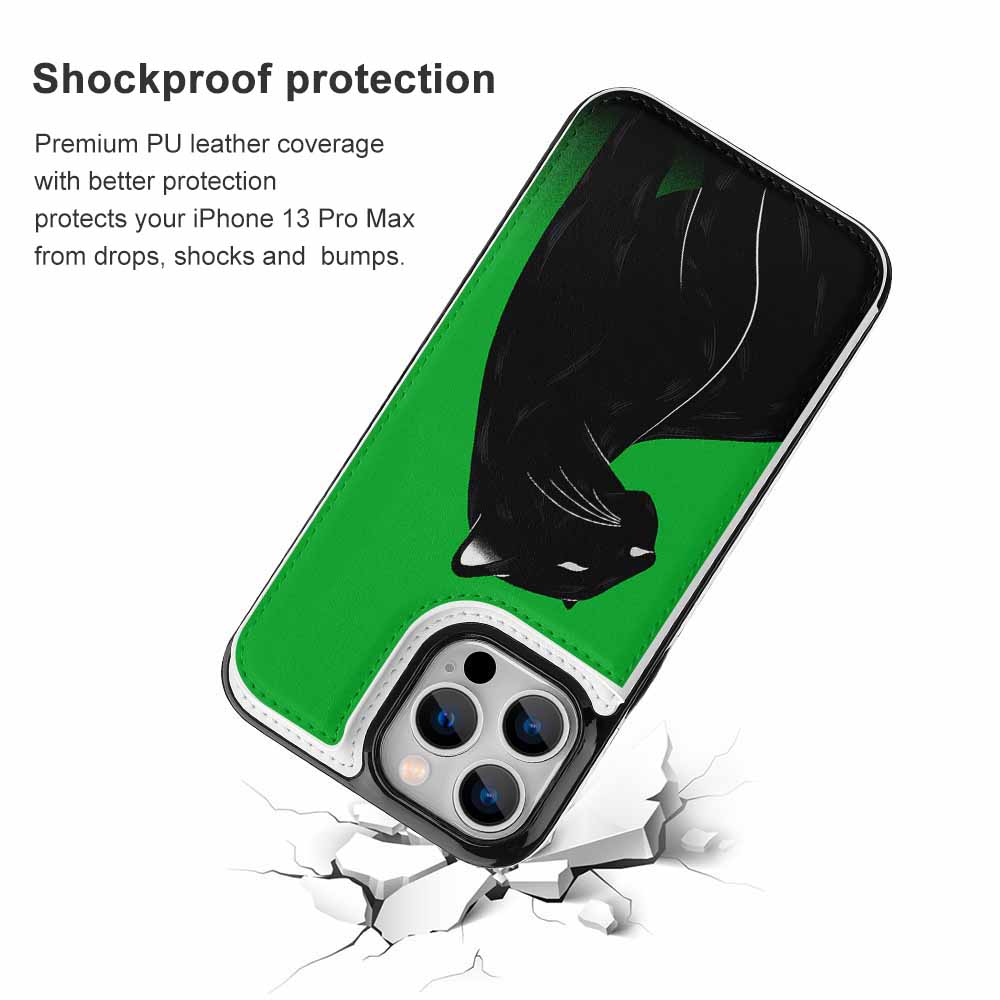 iPhone 13 case with a panther design, shockproof protection, and card slot
