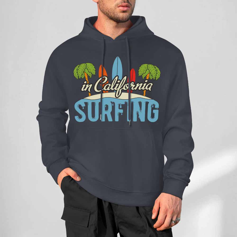 Navy blue cotton California Surfing hoodie for men, loose fit design, suitable for daily wear.