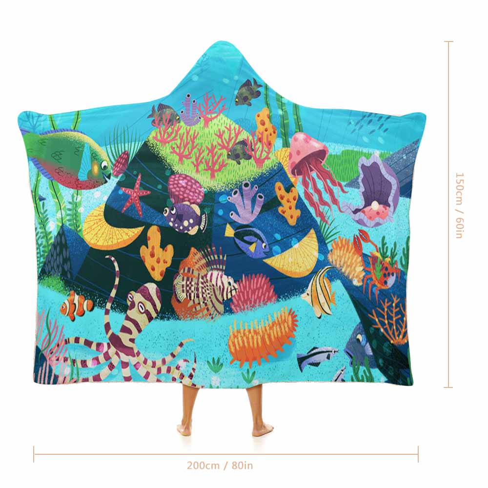 Underwater scene Cloak Hooded Blanket in Arctic Velvet, coral, fish, jellyfish design.