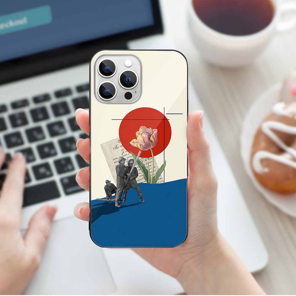 iPhone 13 glass case with Japanese wave design and tiger art, scratch-resistant, wireless charging compatible