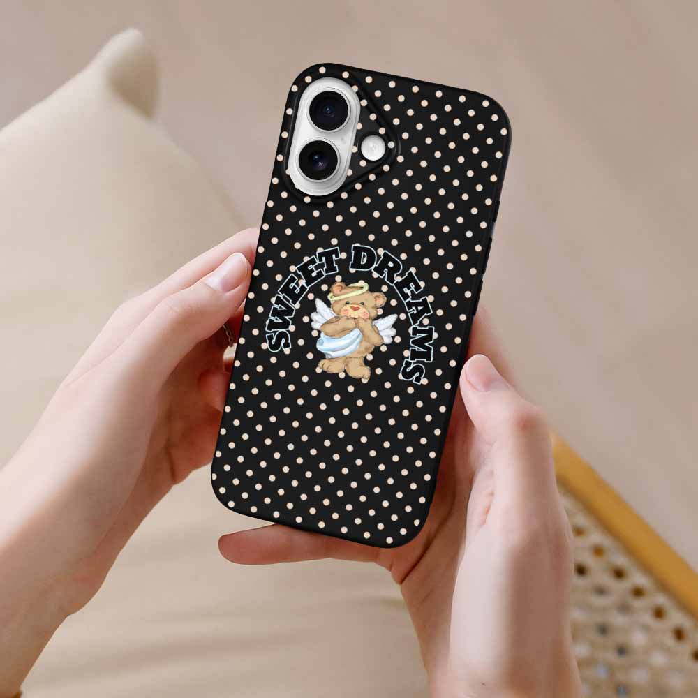 iPhone 16 Series case with baby angel design, polka dots, protective TPU cover