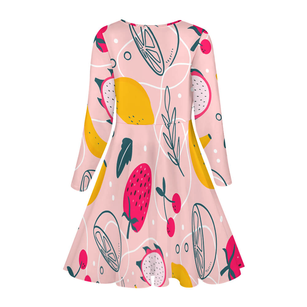 Girls' pink long sleeve dress with fruit pattern, soft polyester-spandex blend