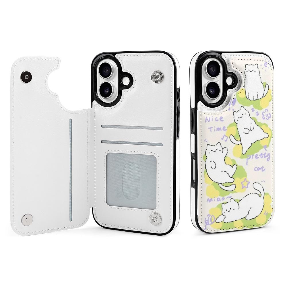 White iPhone 16 case with card slot and bear cartoon design