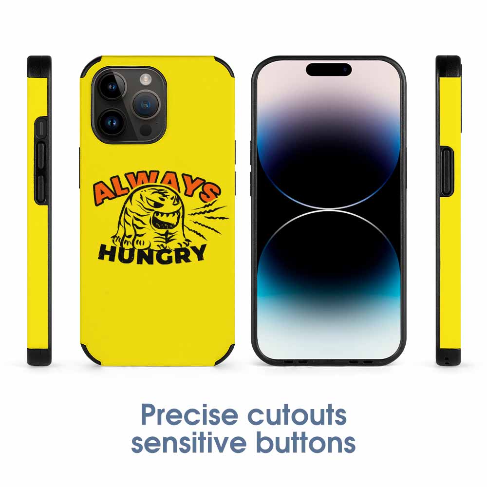 Yellow iPhone 14 fiber skin case featuring 'ALWAYS HUNGRY' graphic, scratch-resistant