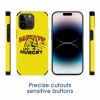 Yellow iPhone 14 fiber skin case featuring 'ALWAYS HUNGRY' graphic, scratch-resistant