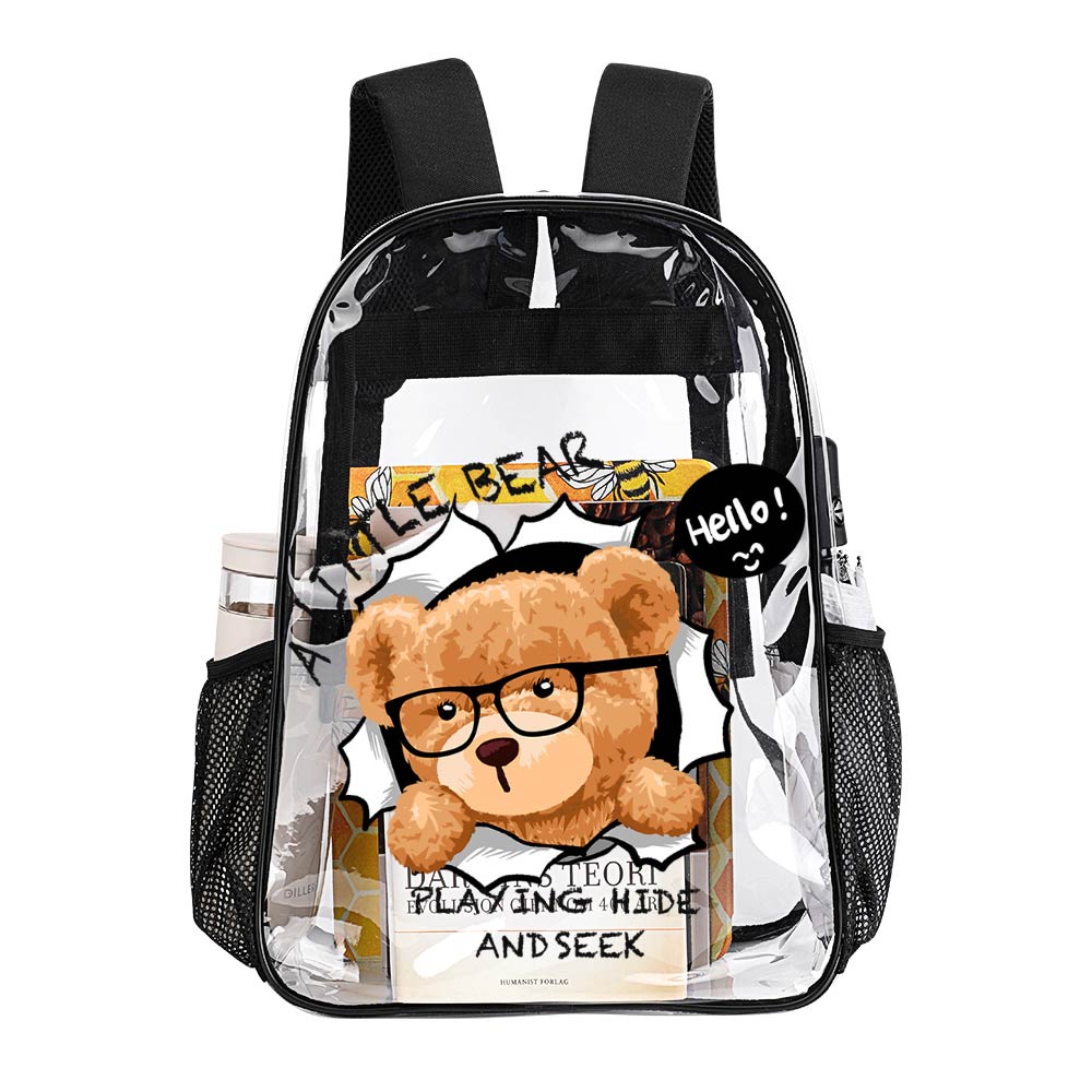 Transparent 17-inch PVC backpack with bear design, ideal for work and travel, featuring the words 'PLAYING HERE AND SO SO'
