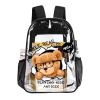 Transparent 17-inch PVC backpack with bear design, ideal for work and travel, featuring the words 'PLAYING HERE AND SO SO'