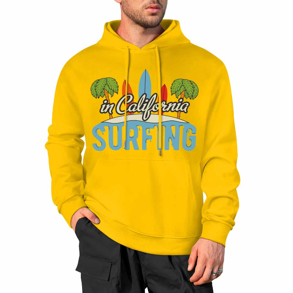Yellow cotton hoodie with CALIFORNIA SURFING graphic, suitable for daily wear