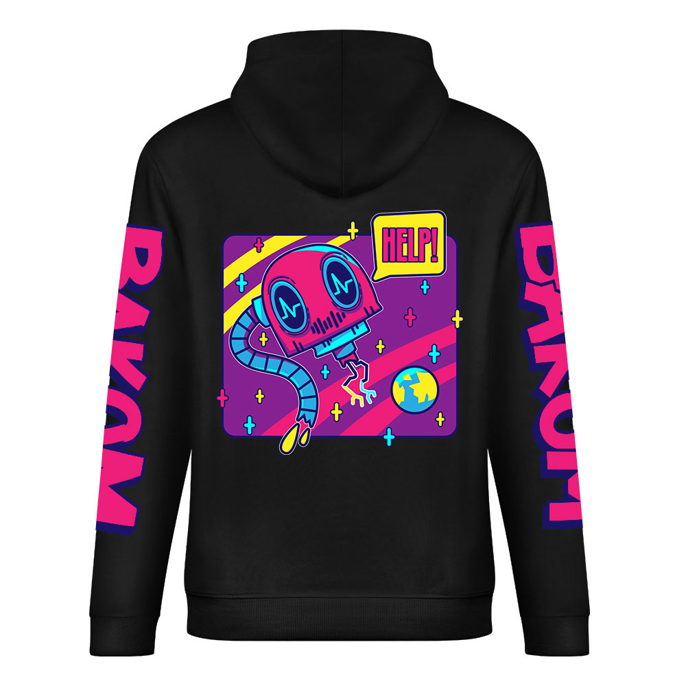 Black cotton hoodie with FOREVER design, donut graphic, and DAKUM, CHRONM sleeve prints, youth fashion style.