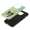 iPhone 15 case with dog graphic and "DOG DAY" text on a green gingham pattern, glass + TPU material.