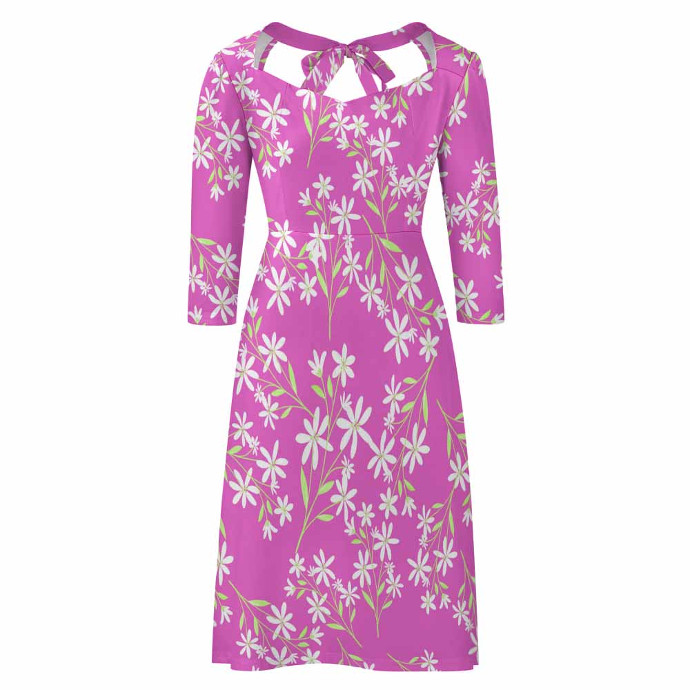 Pink floral sweetheart knot flare dress with mid-length sleeves.