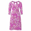 Pink floral sweetheart knot flare dress with mid-length sleeves.