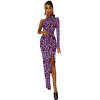 Purple floral slit dress, asymmetrical design, holiday vacation wear.