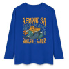 Blue pure cotton long sleeve T-shirt featuring 'A SMOOTH SHAKER' graphic for casual wear.