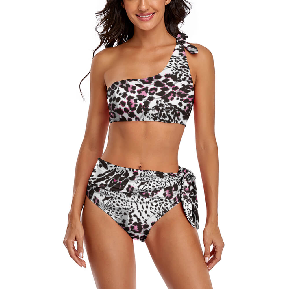 Women's one-shoulder bikini swimsuit in black and white floral print, perfect for beach or pool parties
