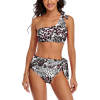 Women's one-shoulder bikini swimsuit in black and white floral print, perfect for beach or pool parties