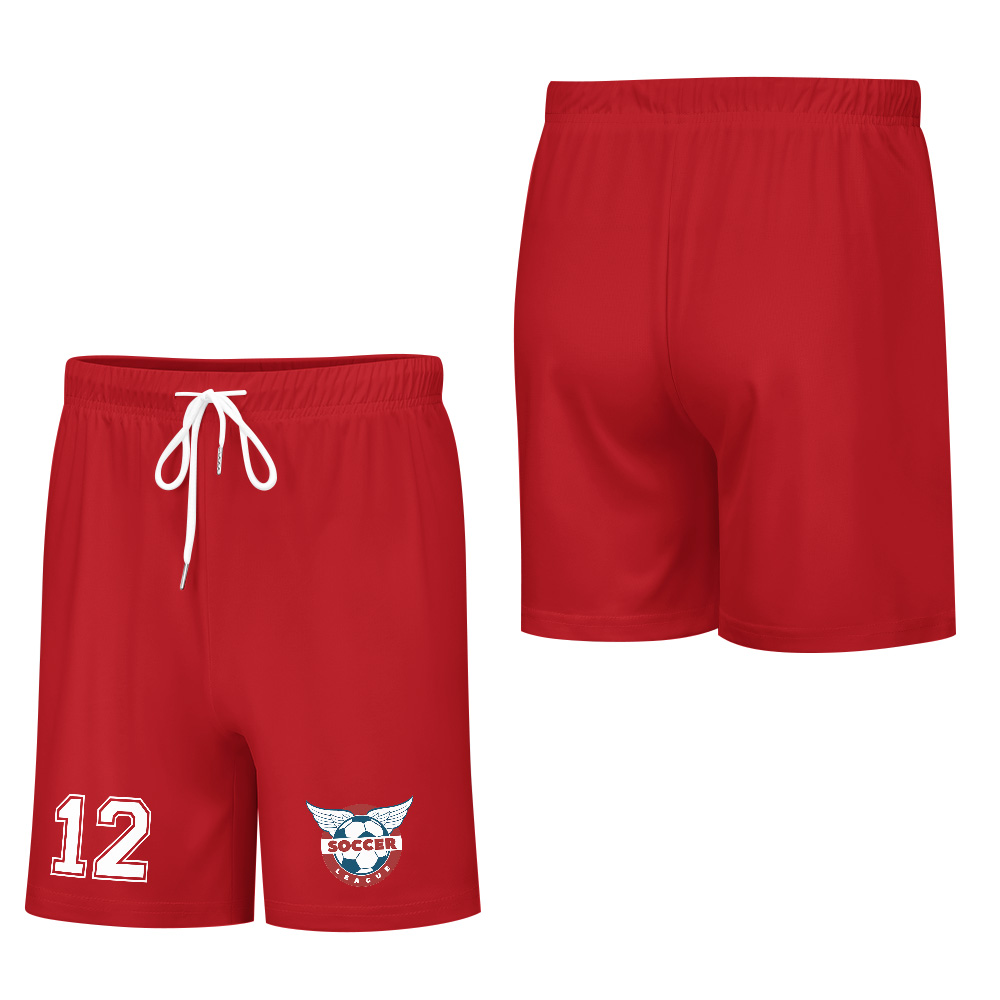 Red football shorts set with white number 12 and logo, mesh material for sports and daily wear.