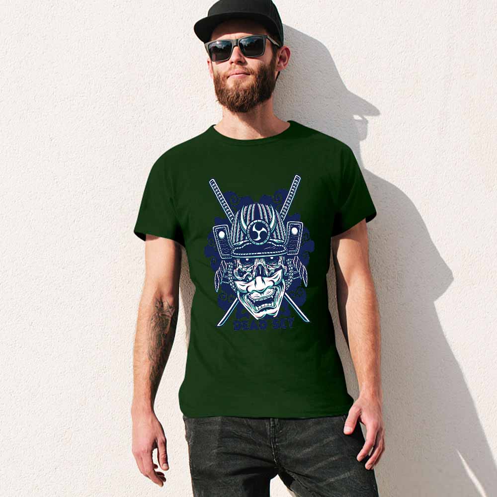 Dark green cotton samurai skull T-shirt for men, perfect for leisure and events