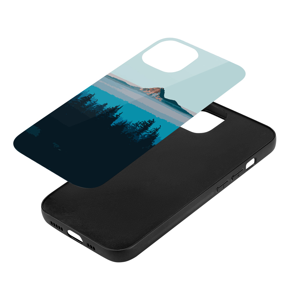 iPhone 14 glass case with mountain landscape design, black TPU base, stylish and protective.
