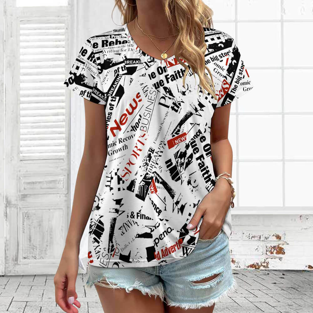 Women's V-neck short sleeve T-shirt with abstract pattern, made of polyester and spandex for summer wear