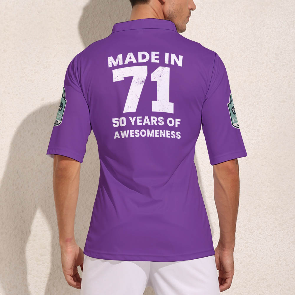 Purple V-neck jersey with "MADE IN 71" print, ideal for sports and outdoor activities, Inkedjoy product.