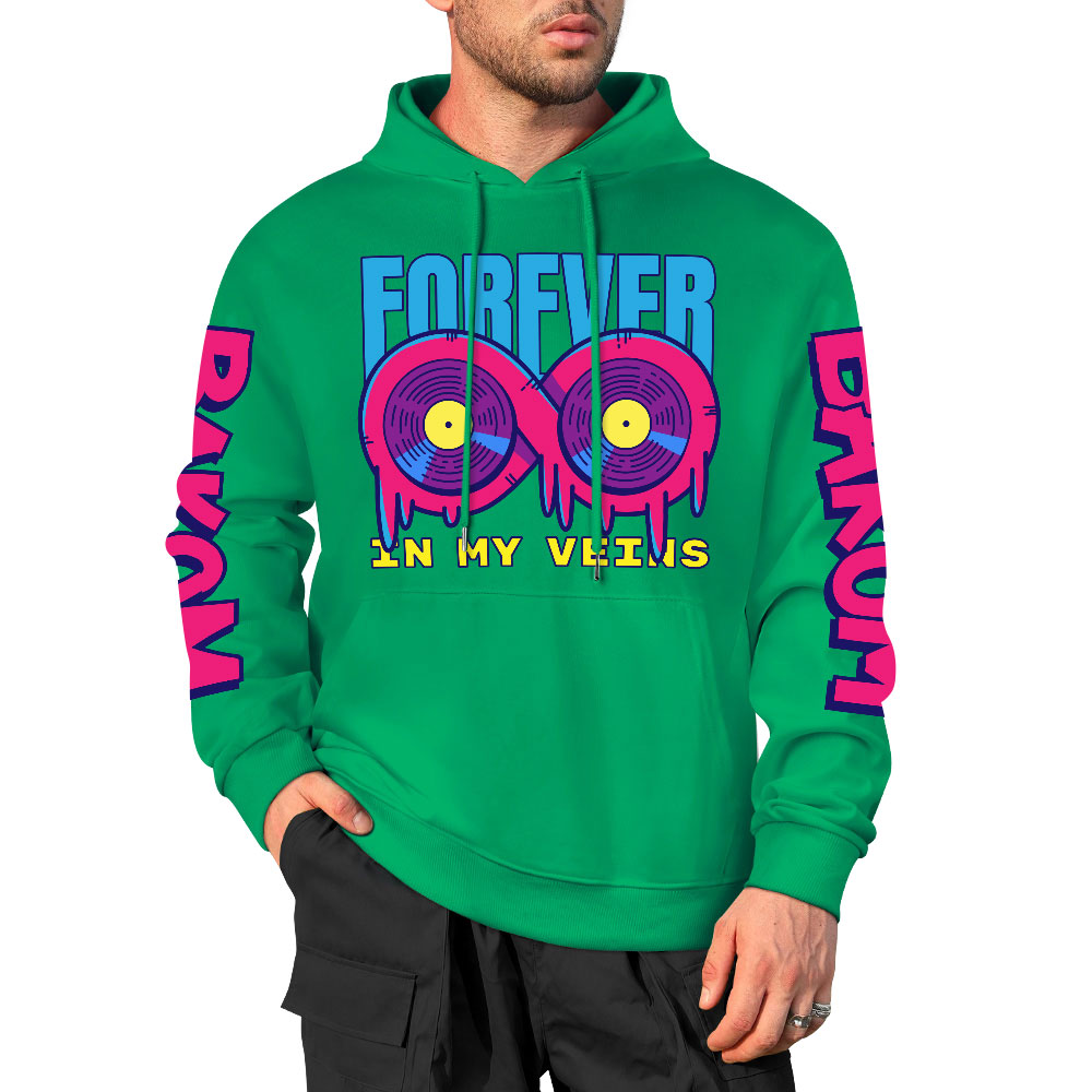 Green cotton FOREVER 99 donut graphic hoodie with sleeve prints, youth fashion style.
