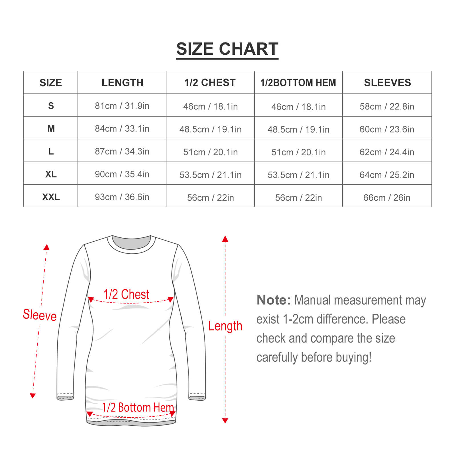 Size chart for women's long sleeve round neck slim dress. Featuring measurements for length, bust, bottom hem and sleeve.