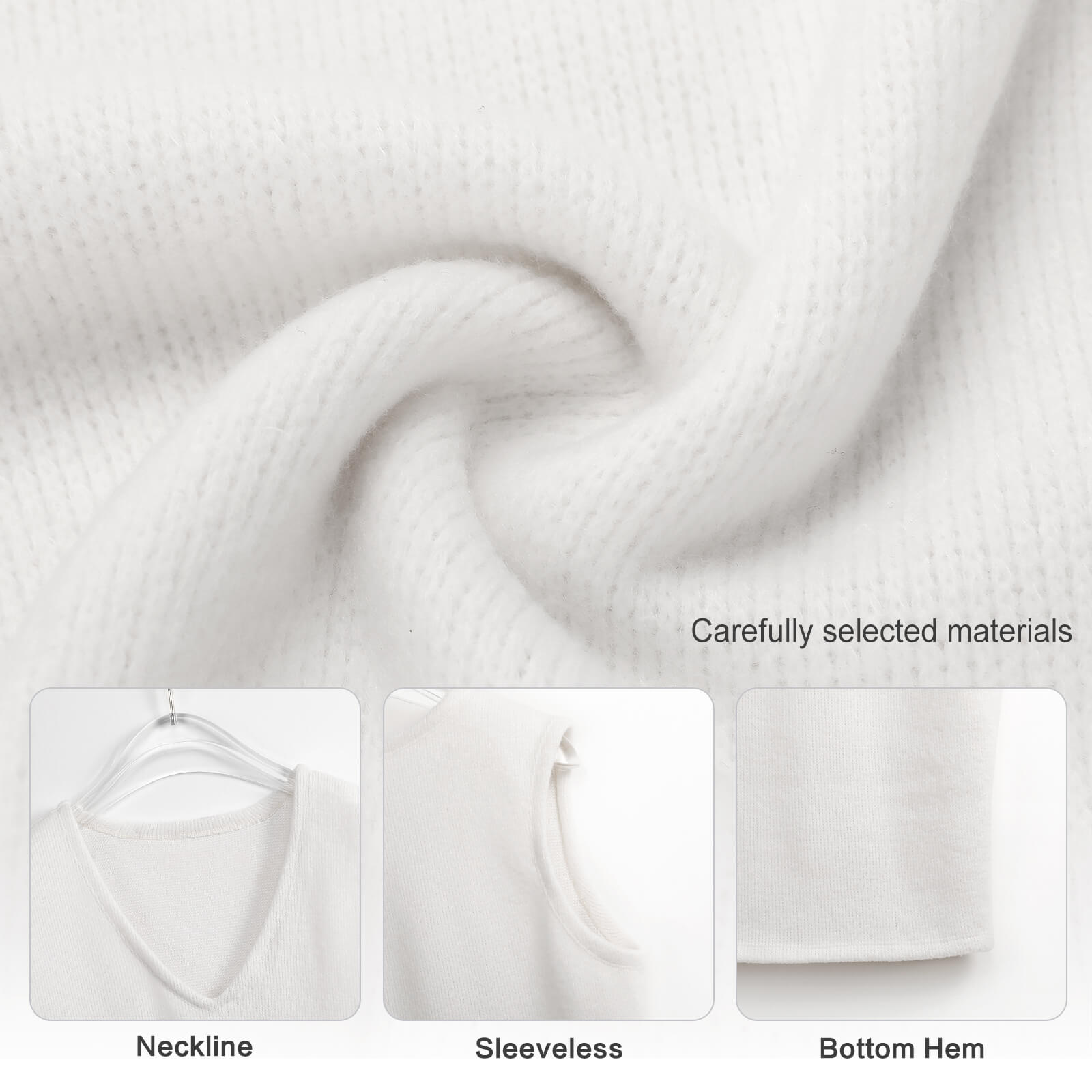 White knit vest fabric detail, V-neck design, comfortable material for spring/autumn wear.