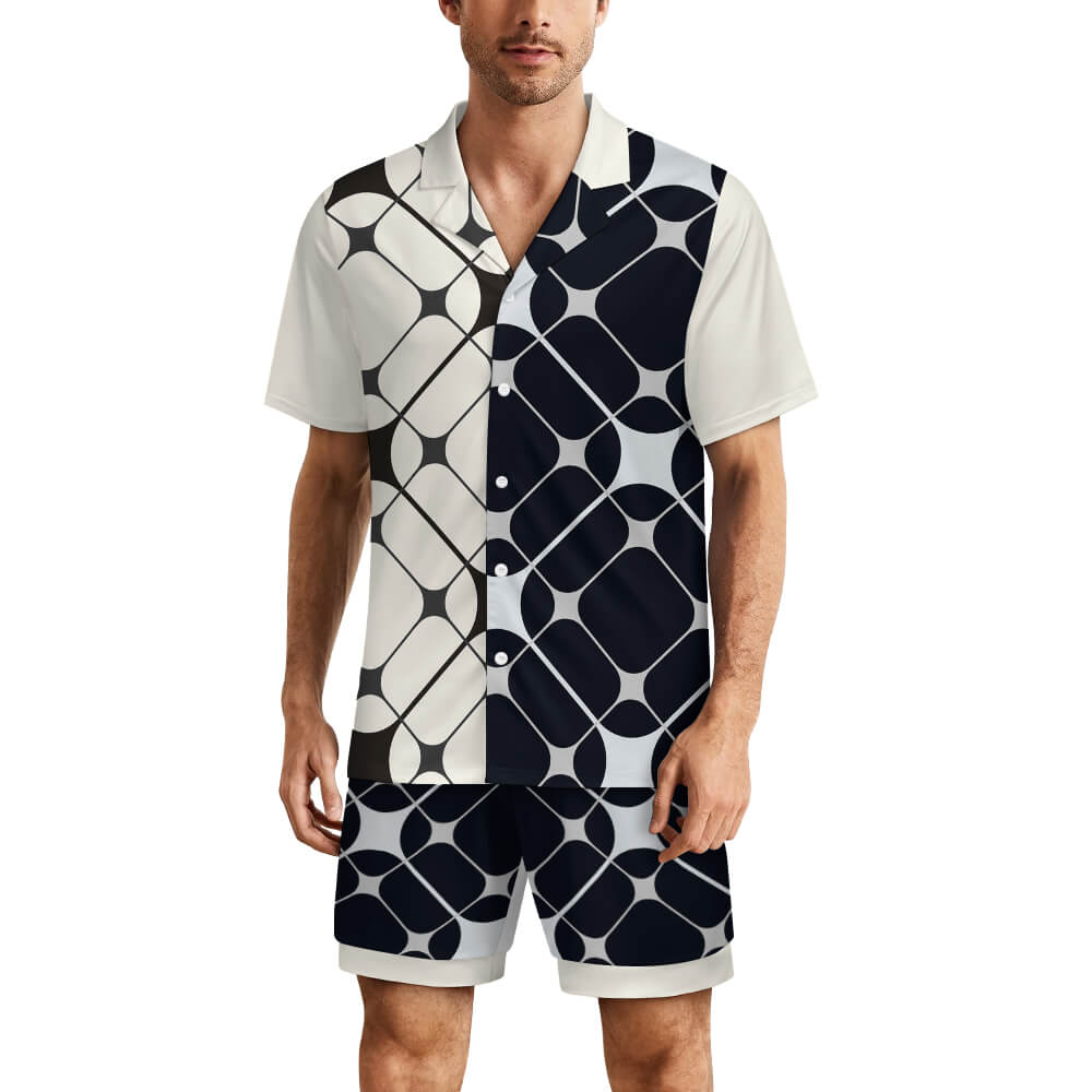 Ice silk pajama set for men with geometric pattern in black and white. Comfortable V-neck short-sleeved top and shorts.