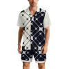 Ice silk pajama set for men with geometric pattern in black and white. Comfortable V-neck short-sleeved top and shorts.