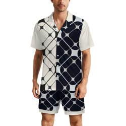 Ice silk pajama set for men with geometric pattern in black and white. Comfortable V-neck short-sleeved top and shorts.
