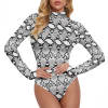 Snakeskin Print Bodysuit for Women with High Neck and Long Sleeves, made of polyester and spandex.