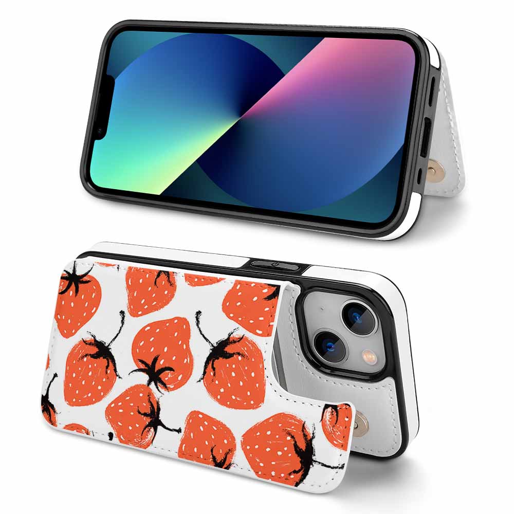 iPhone 13 case with card slot and strawberry print, made of leather, offering protection and convenience.