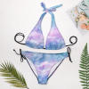Ladies Sexy Blue V-Neck Bikini Swimsuit with Halter Neck and Adjustable Ties