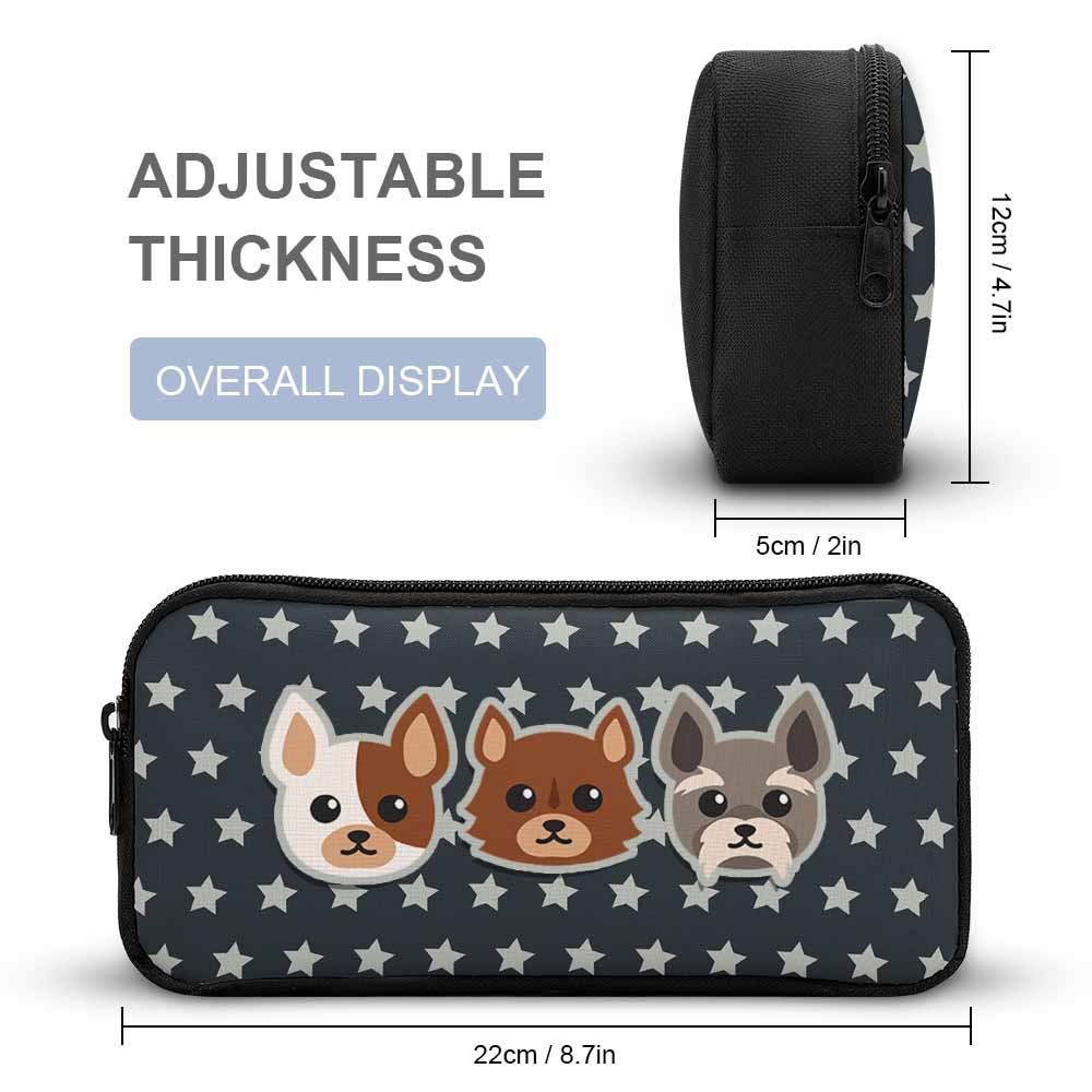 Cute dog pattern pencil case, adjustable thickness and dimension display, perfect for school and day trips.