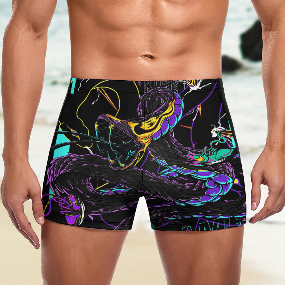 Men's black swimming trunks with teal DEATH design, polyester spandex, brief cut for swimming