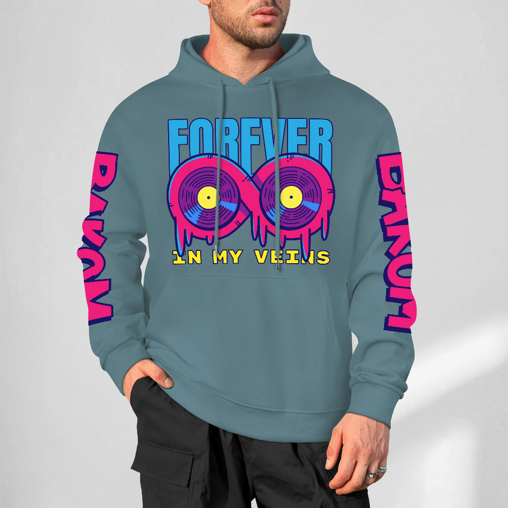 Teal cotton hoodie with FOREVER 99 donut graphic and sleeve prints, youth fashion style.