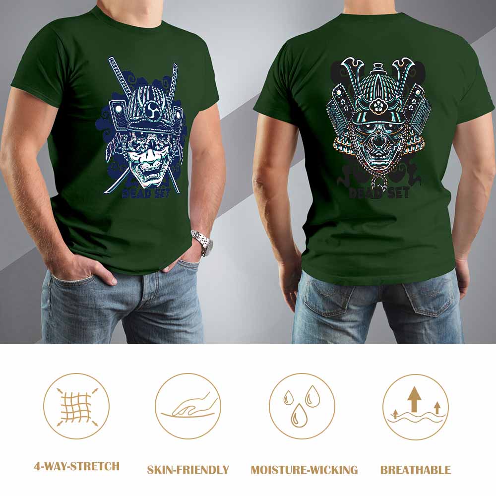 Dark green cotton men's samurai skull T-shirt, front and back view. Perfect for leisure and events.