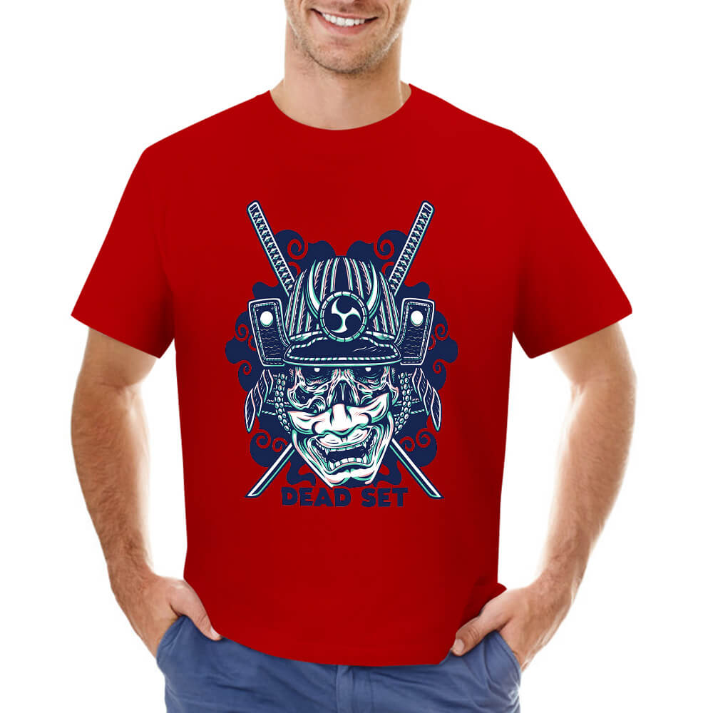Red cotton men's T-shirt featuring a detailed blue samurai skull design, perfect for leisure and events.