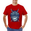 Red cotton men's T-shirt featuring a detailed blue samurai skull design, perfect for leisure and events.
