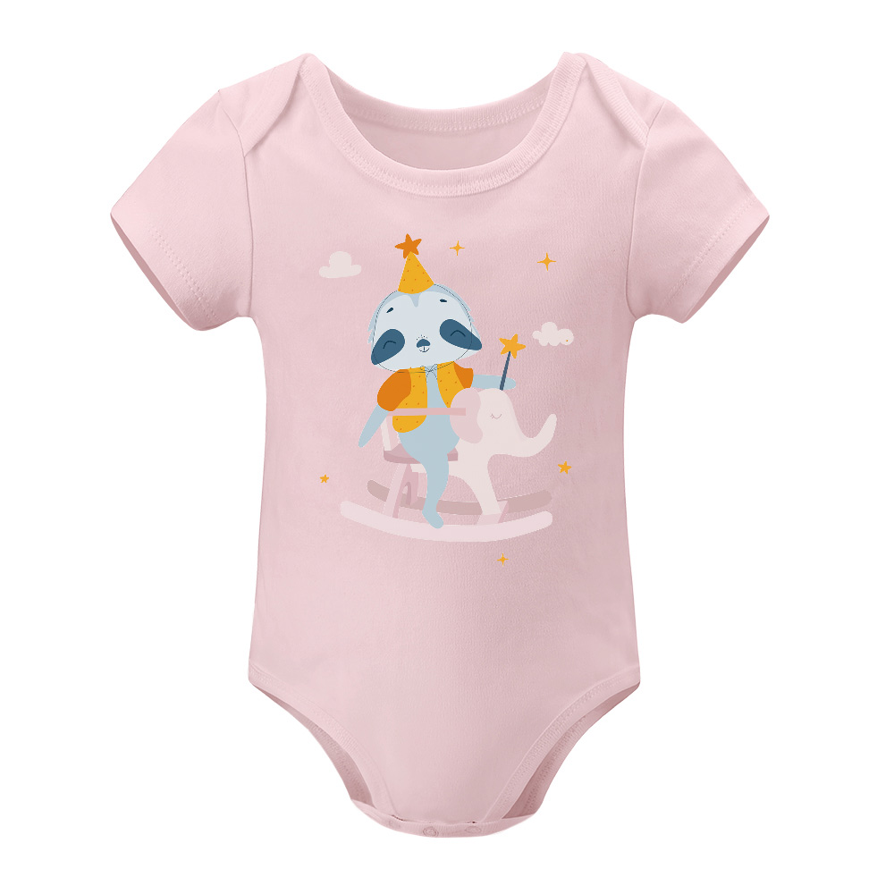 Pink short-sleeve baby bodysuit with cartoon design, soft cotton for babies aged 3-24 months.