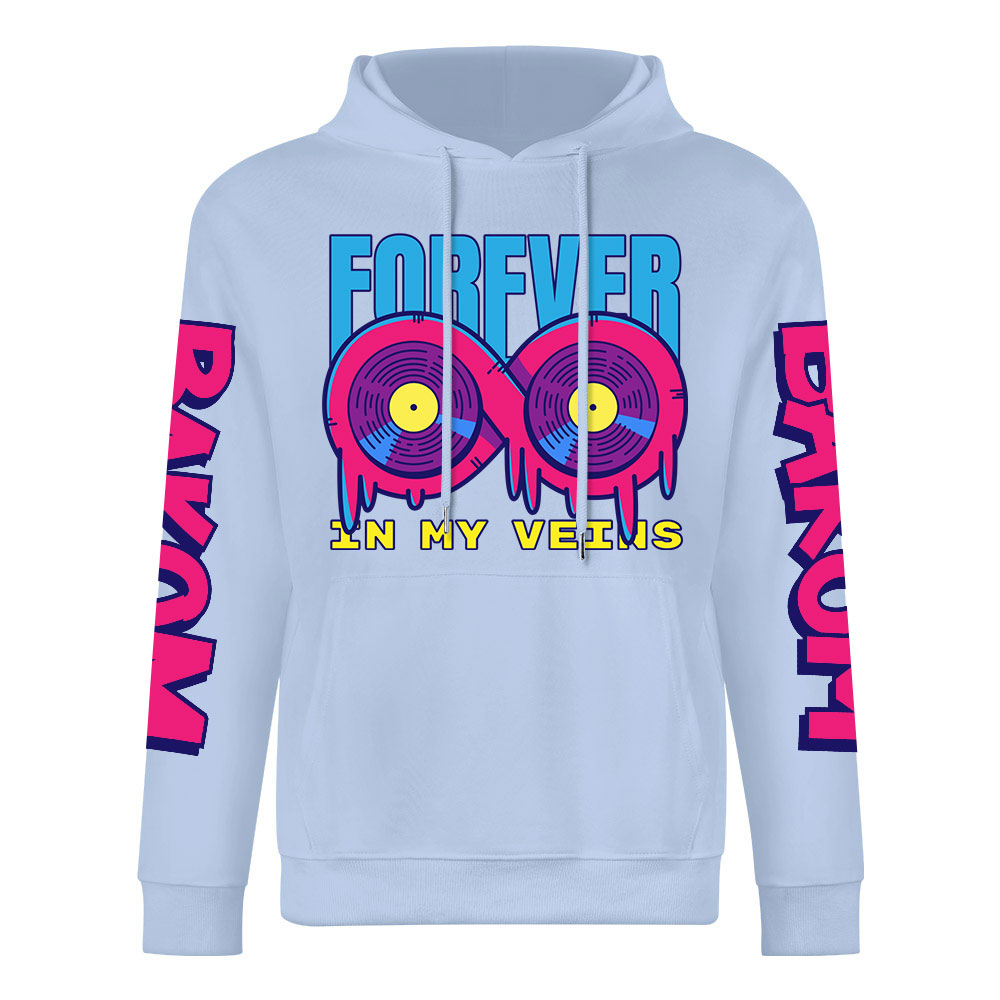 Light blue cotton hoodie with FOREVER 99 donut graphic, DAKUM and CRASH sleeve prints, youth fashion style.