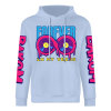 Light blue cotton hoodie with FOREVER 99 donut graphic, DAKUM and CRASH sleeve prints, youth fashion style.