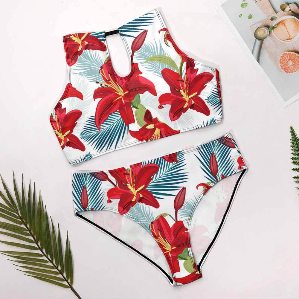Floral halter bikini swimsuit with red and white pattern, perfect for summer beach wear.