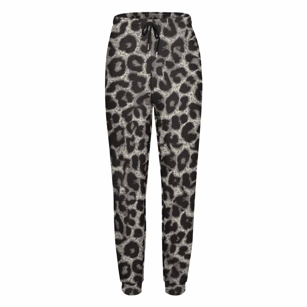 Women's leopard print sweatpants, featuring elastic waistband and drawstring, perfect for casual wear.