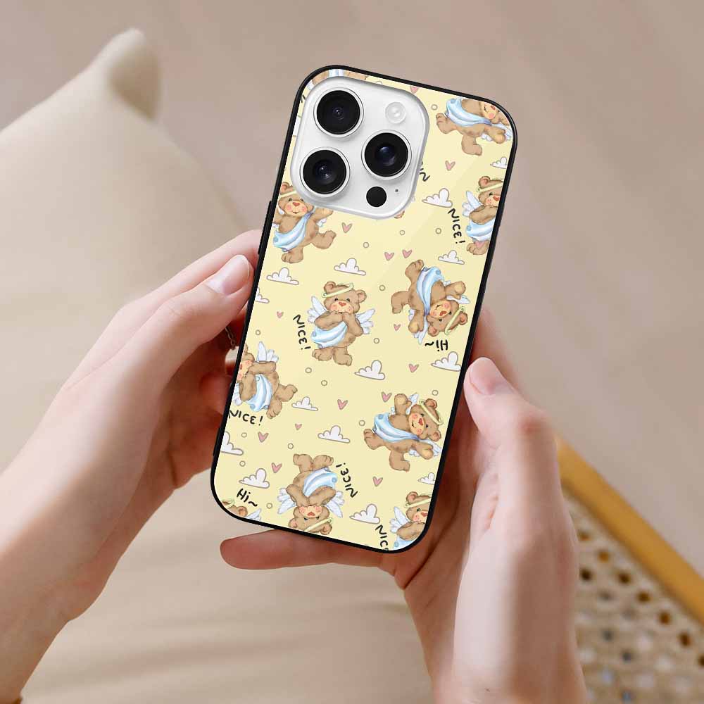 iPhone 16 series glass case with cute pattern, yellow background, protecting phone.