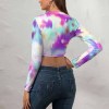 Women's long sleeve crop top, tie-dye design in purple, teal, white. Casual summer wear.