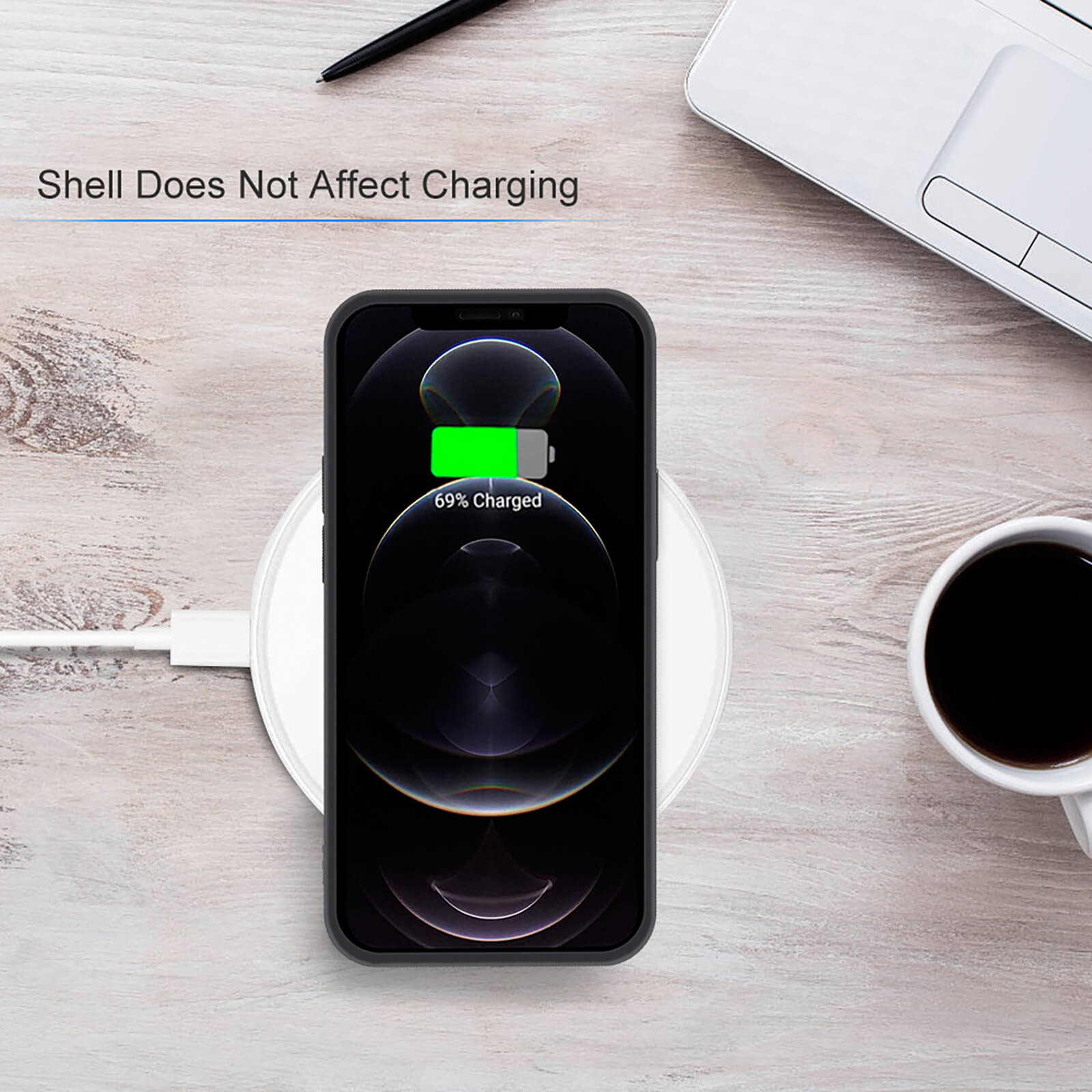 iPhone 12 series phone charging wirelessly on a white pad, TPU case compatible, stylish design