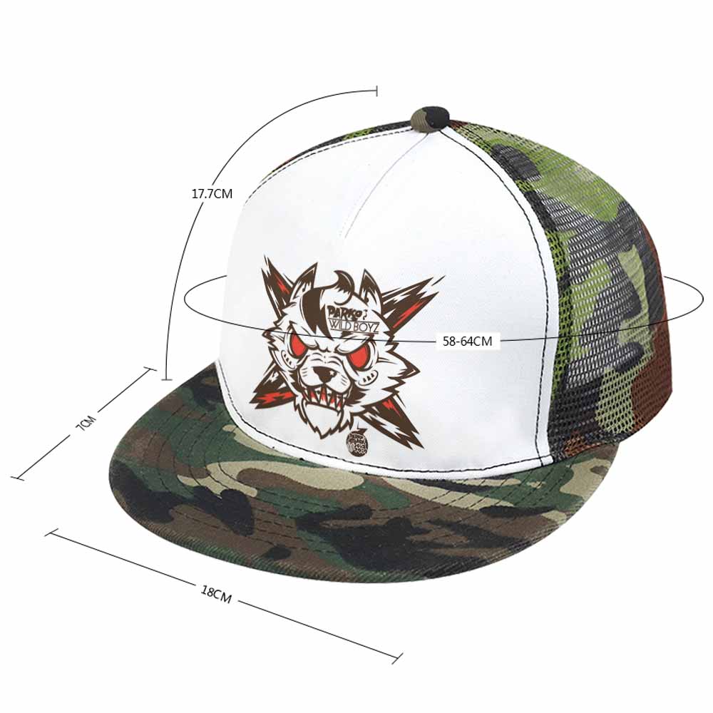Camouflage flat brim baseball cap with floral design and mesh back, perfect for outdoor and sports activities