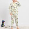 Boy's pajama set with dinosaur print, made of soft polyester and spandex blend, comfortable crew neck design.